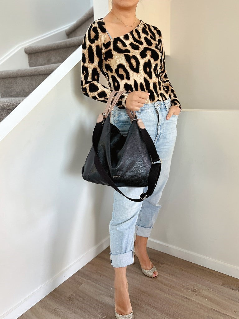 Furla Two Tone Leather Slouchy Side Zip Detail 2 Way Shoulder Bag