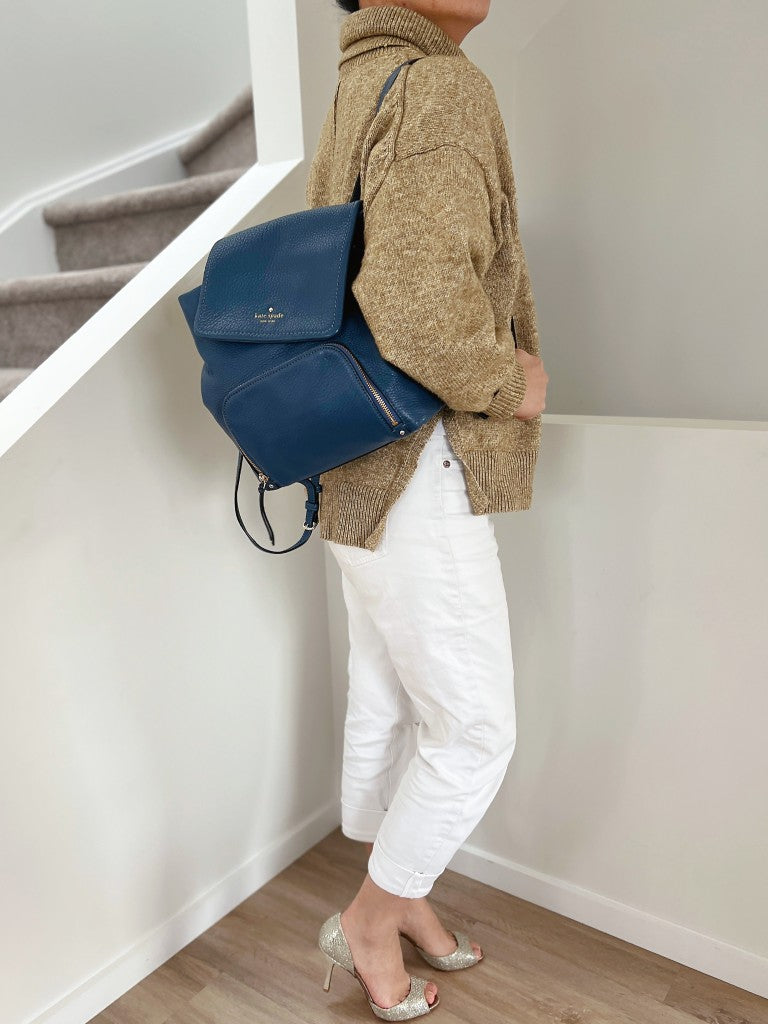Kate Spade Blue Leather Front Logo Flap Zipped Compartment Backpack Like New