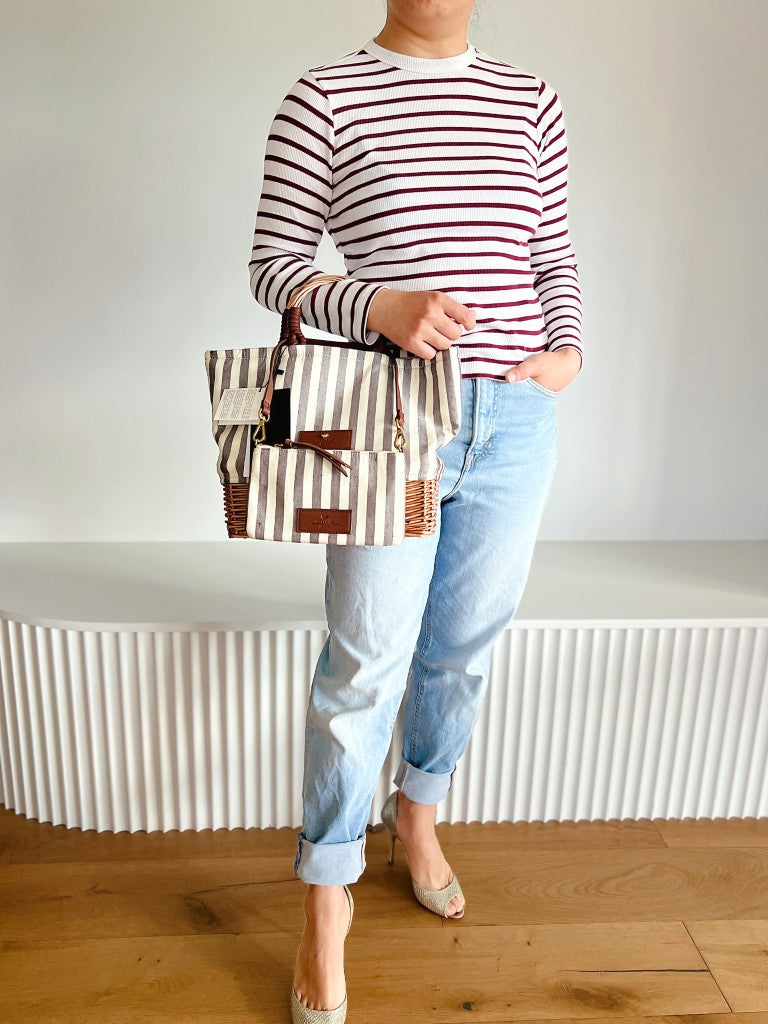 Max Mara Stripe Canvas Straw Holiday Tote Bag + Pouch New with Tags