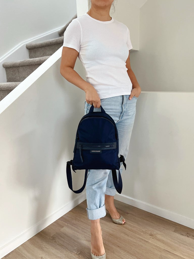 Longchamp Navy Leather Trim Double Compartment Backpack Like New