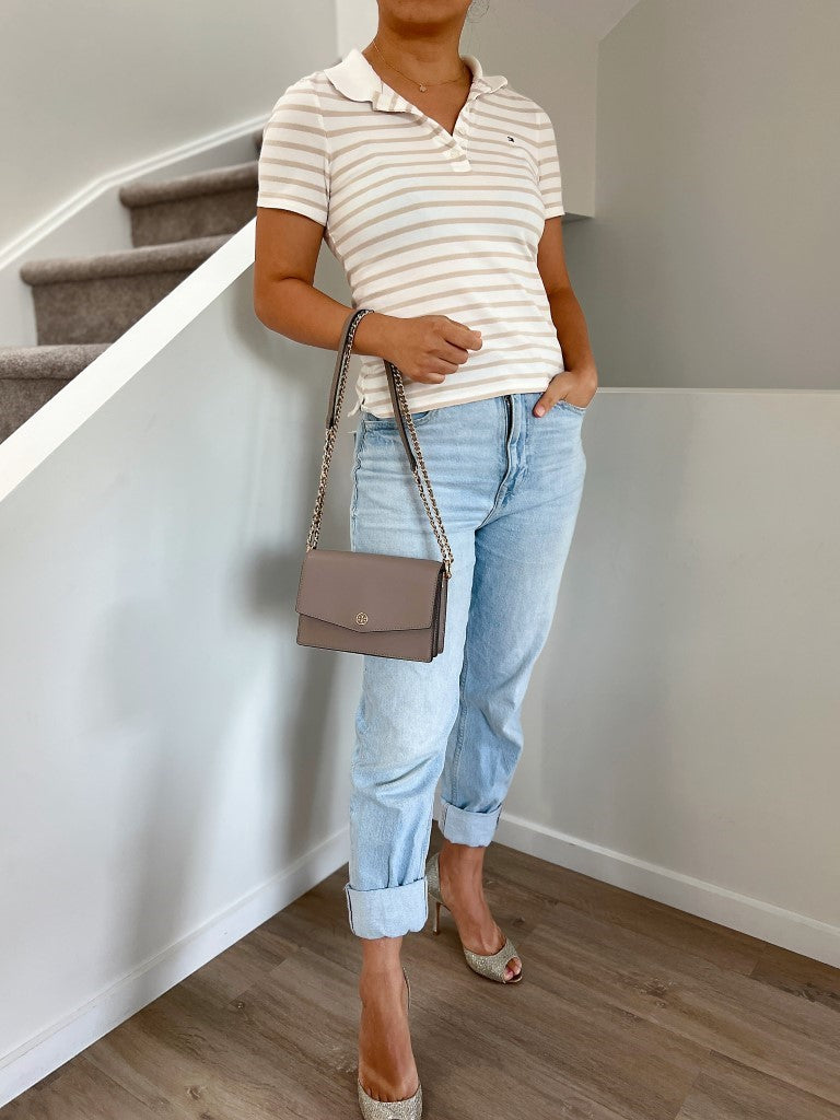 Tory Burch Taupe Leather Front Logo Crossbody Shoulder Bag Like New
