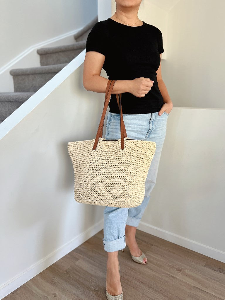 Ralph Lauren Caramel Leather Straw Carryall Shoulder Bag