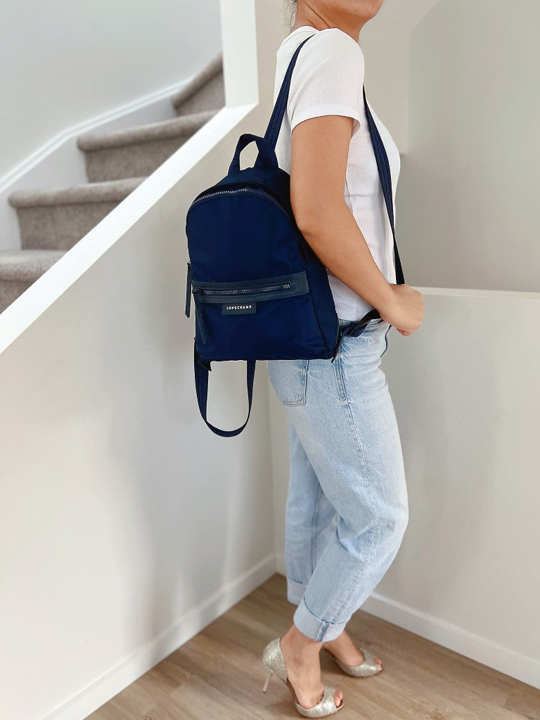 Longchamp Navy Leather Trim Double Compartment Backpack Like New