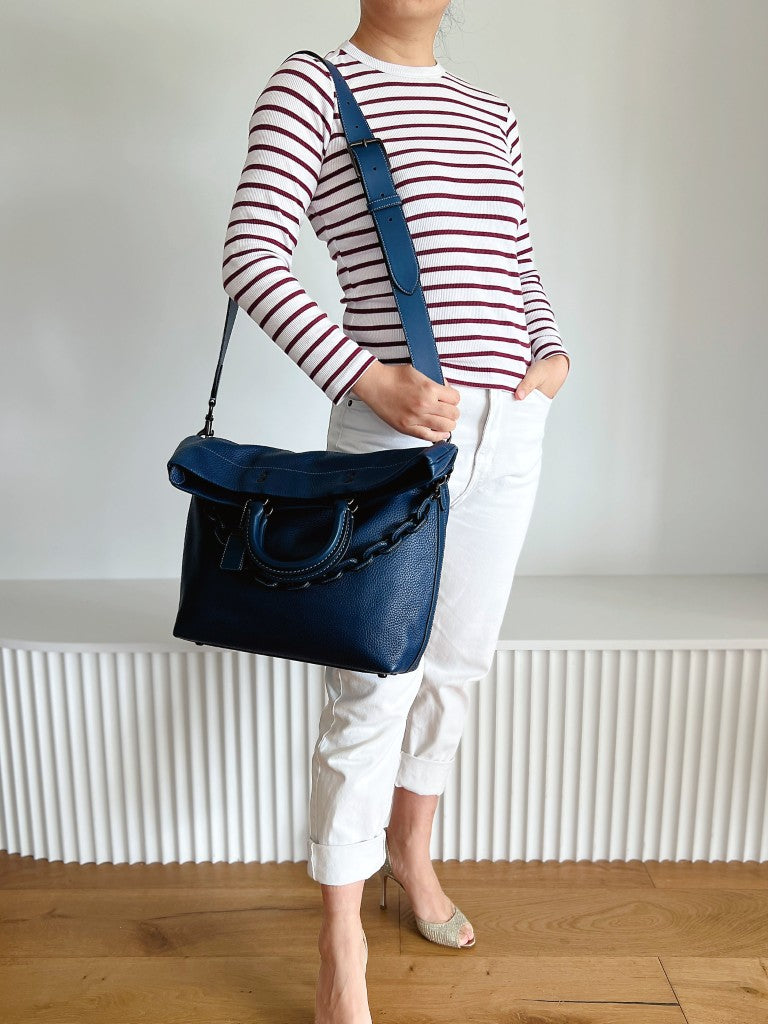 Coach Blue Leather Chunky Chain Messenger Unisex 2 Way Shoulder Bag Like New