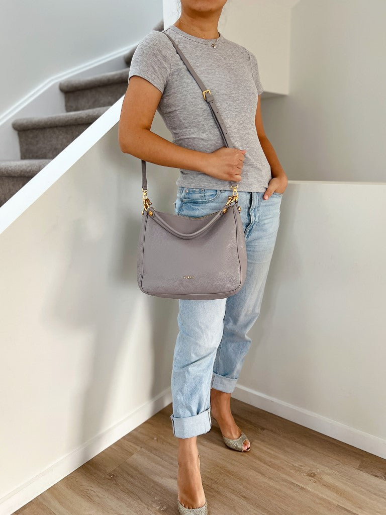 Furla Grey Leather Front Logo Slouchy 2 Way Shoulder Bag Like New