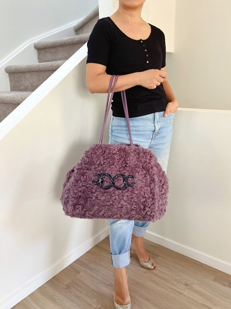 Kate Spade Purple Fur Large Carryall Shoulder Bag + Pouch Excellent