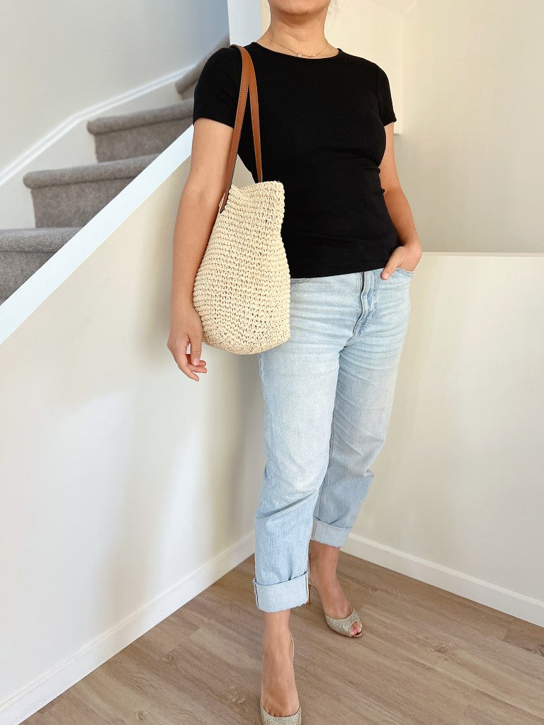 Ralph Lauren Caramel Leather Straw Carryall Shoulder Bag