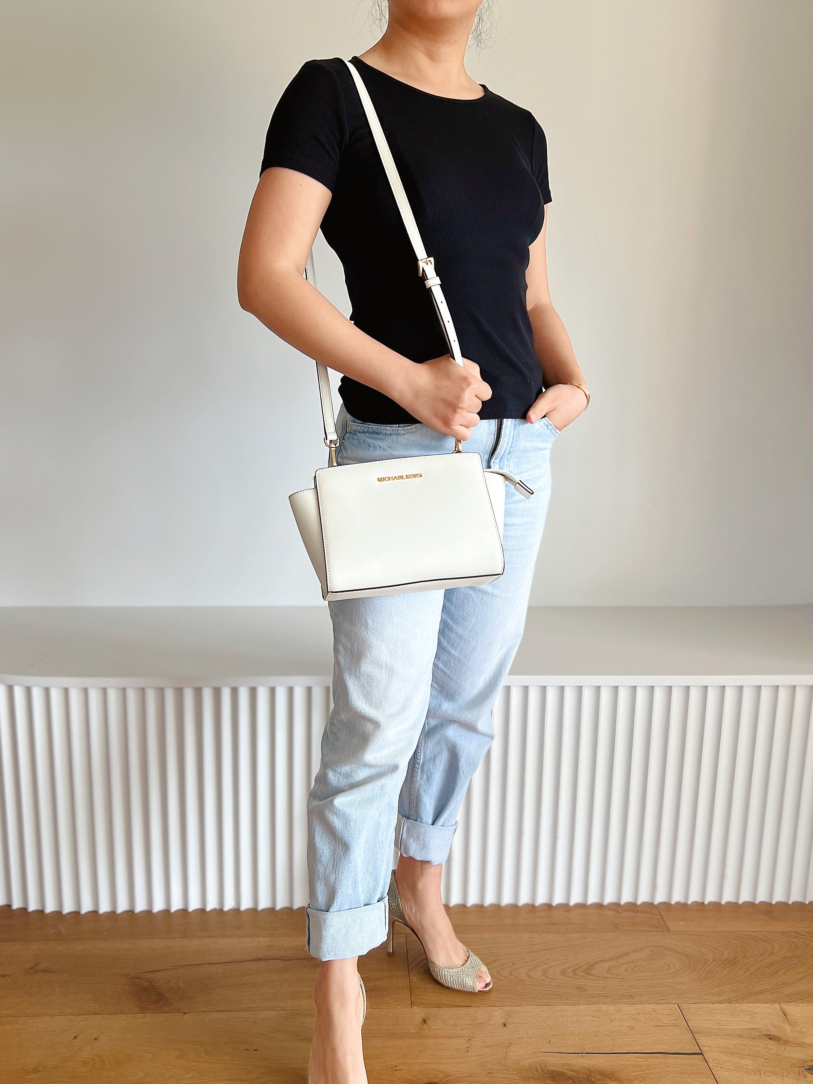 Michael Kors White Saffiano Leather Front Logo Crossbody Shoulder Bag