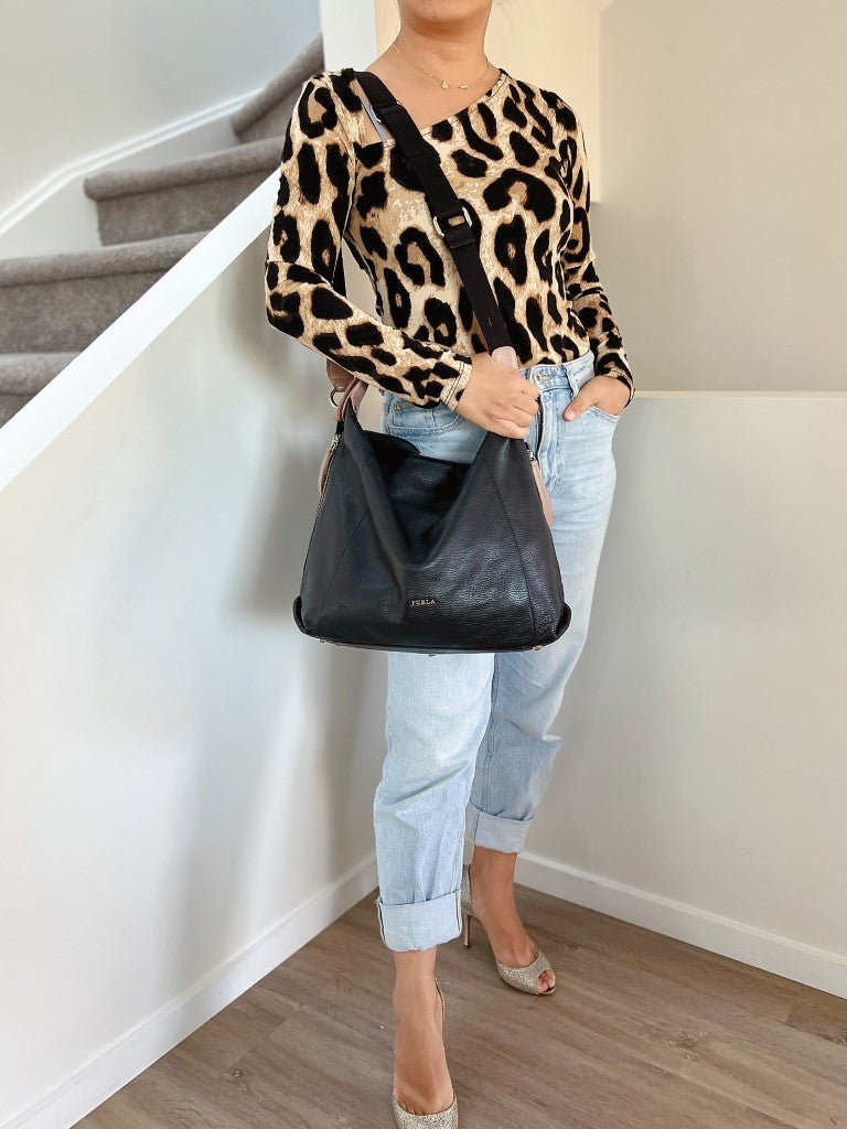 Furla Two Tone Leather Slouchy Side Zip Detail 2 Way Shoulder Bag