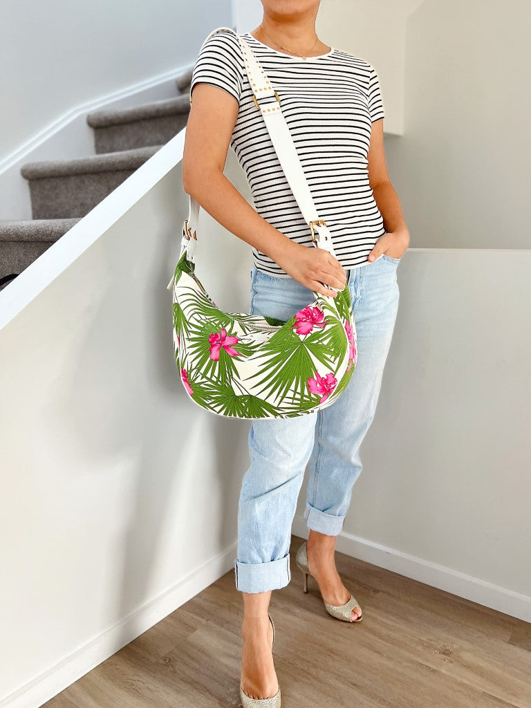 Celine White Leather Floral Slouchy Holiday Crossbody Shoulder Bag Excellent