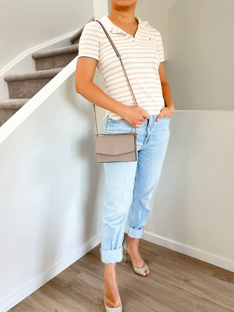 Tory Burch Taupe Leather Front Logo Crossbody Shoulder Bag Like New