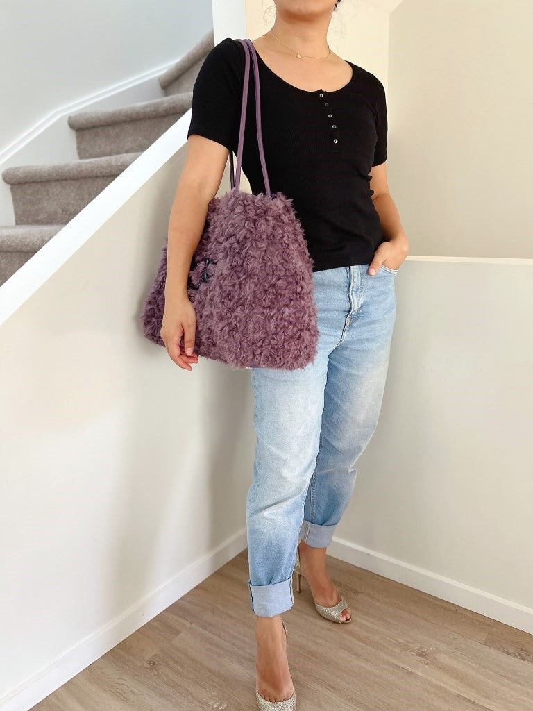 Kate Spade Purple Fur Large Carryall Shoulder Bag + Pouch Excellent