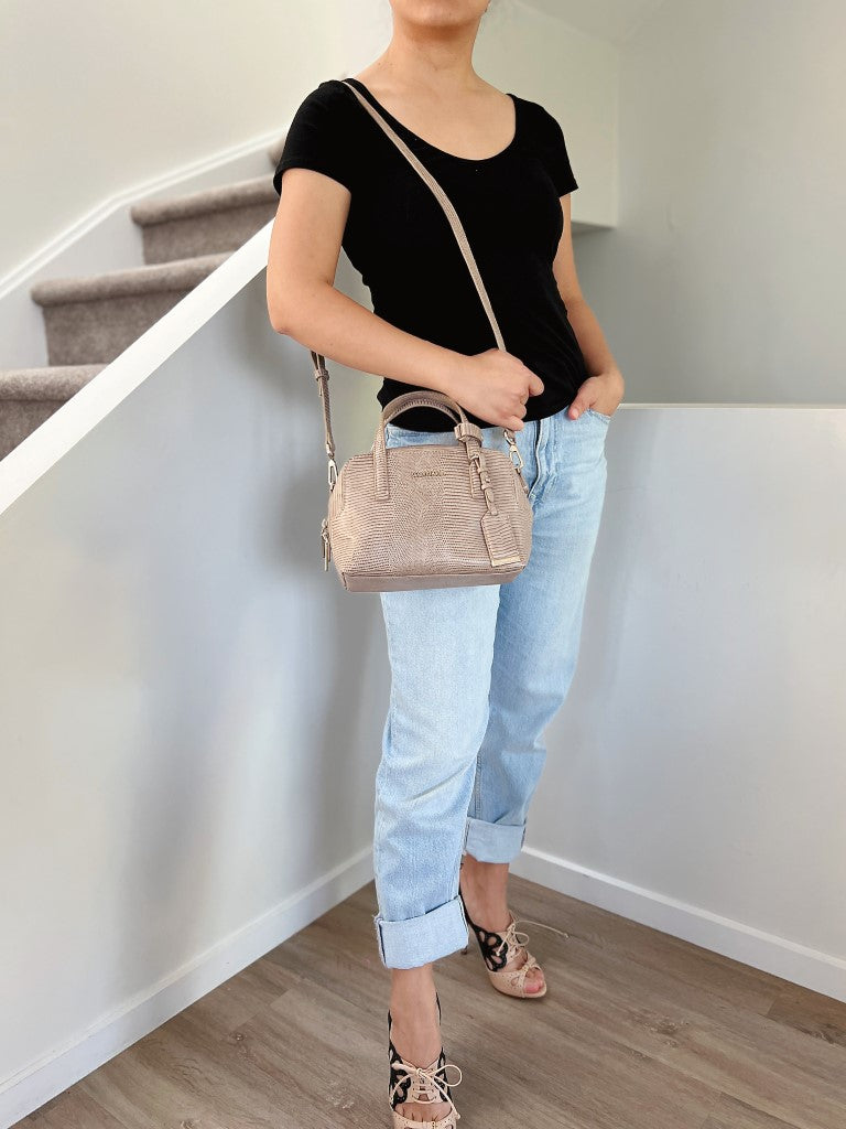 Calvin Klein Patterned Taupe Leather Front Logo 2 Way Shoulder Bag Like New