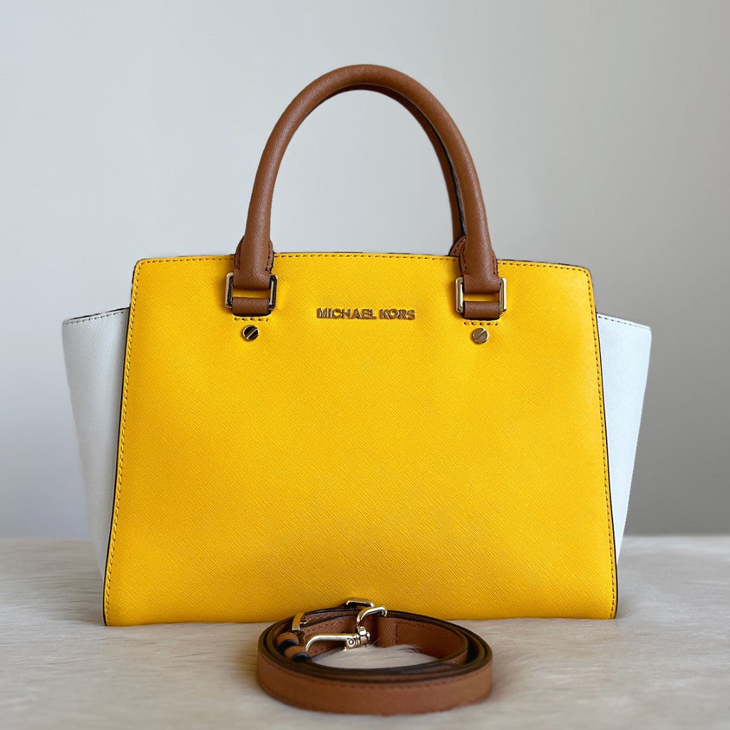 Michael Kors Tri-Tone Leather Front Logo Career 2 Way Shoulder Bag