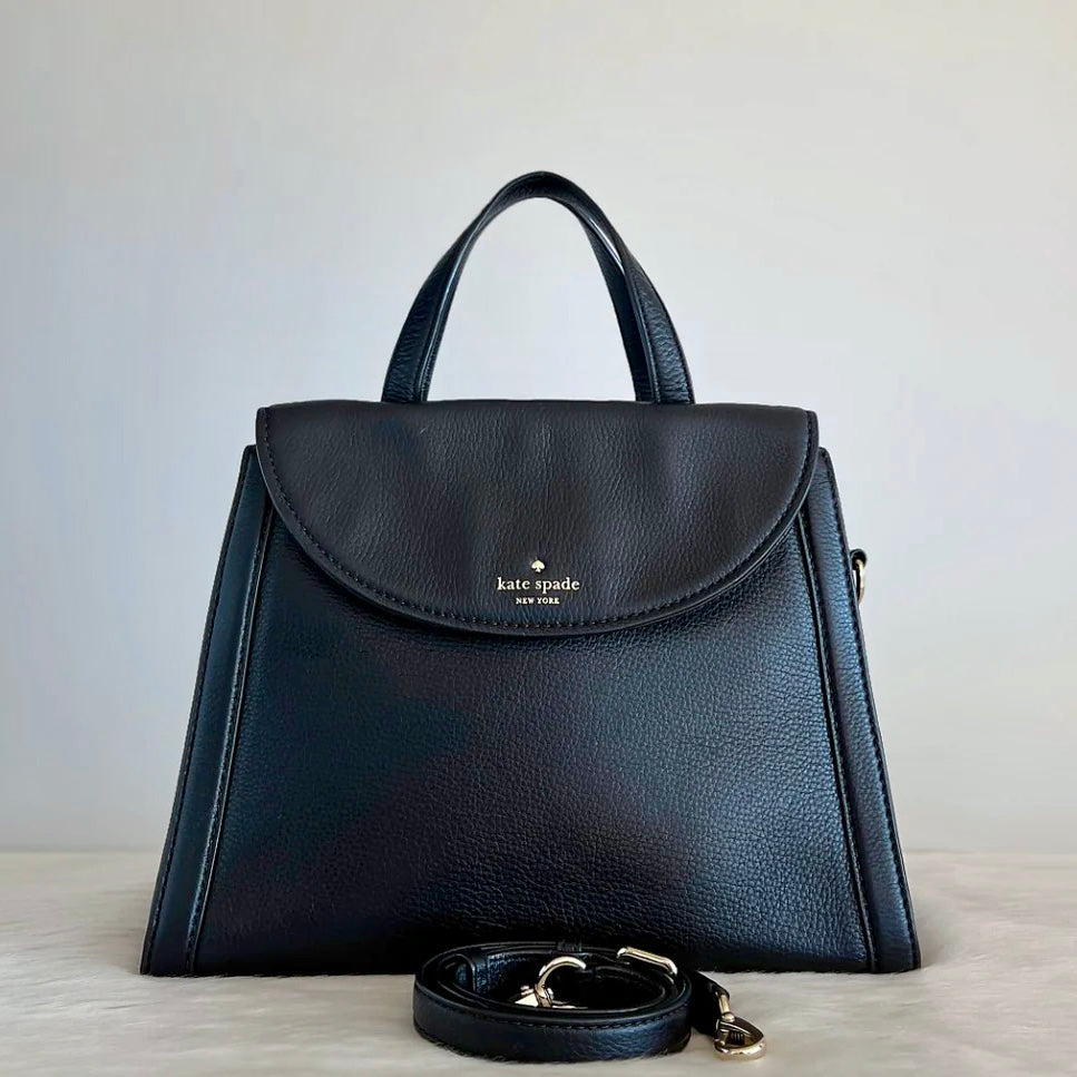Kate Spade Black Leather Front Logo Flap 2 Way Shoulder Bag Like New