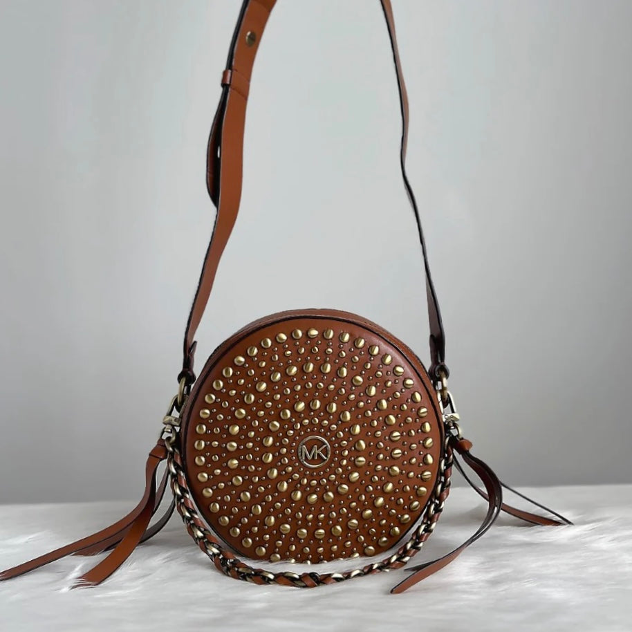 Michael Kors Caramel Leather Studded Detail Crossbody Shoulder Bag Like New