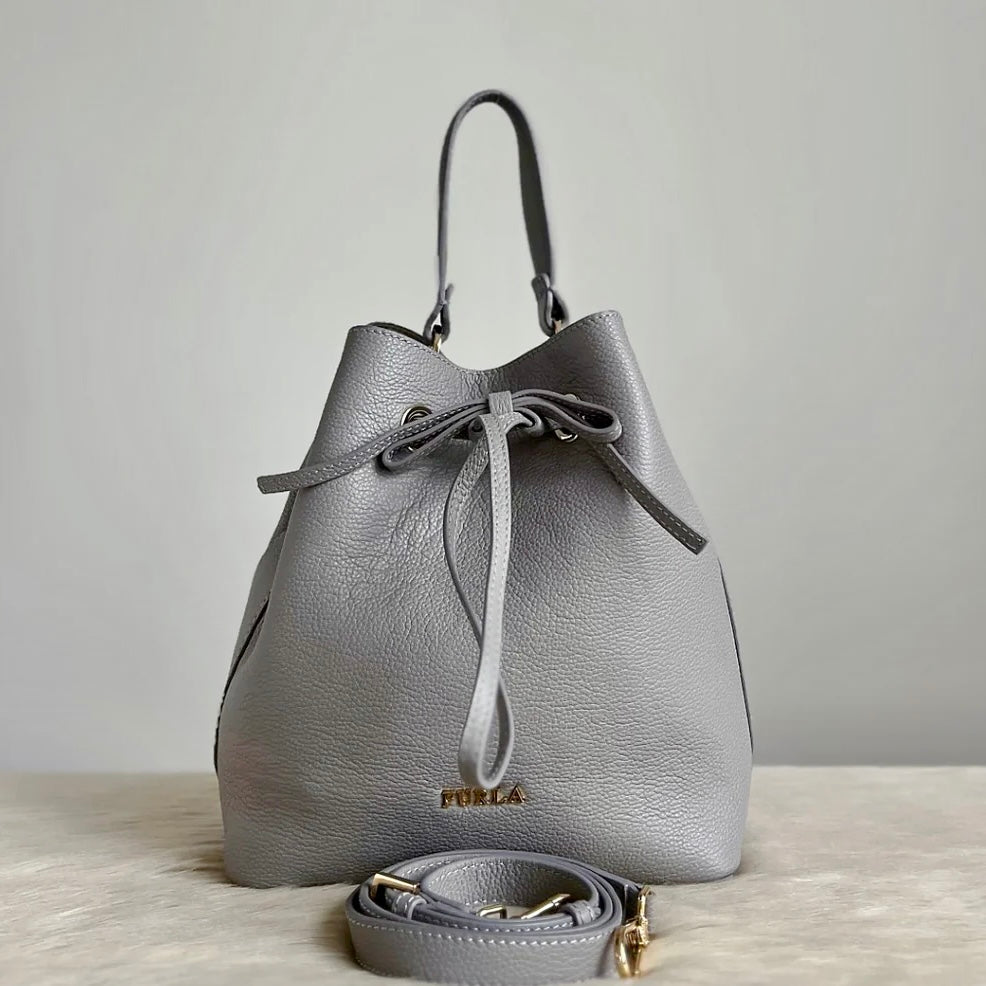 Furla Grey Leather Drawstring Bucket 2 Way Shoulder Bag Like New