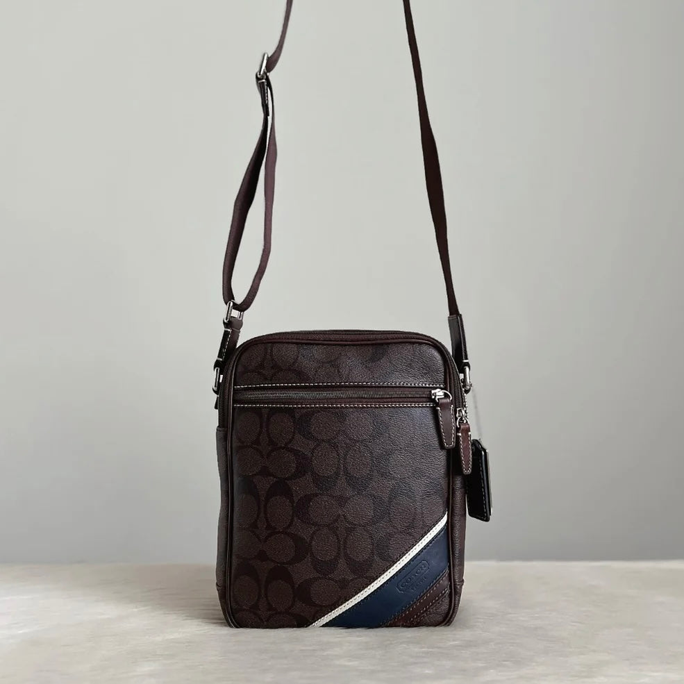 Coach Chocolate Leather Monogram Double Sided Unisex Crossbody Shoulder Bag Excellent