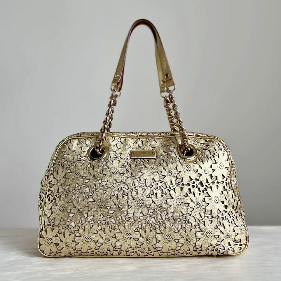 Kate Spade Gold Leather Cut Out Floral Pattern Shoulder Bag Excellent