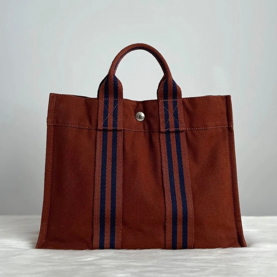 Hermes Brown Signature Stripe Detail Canvas Tote Bag Excellent