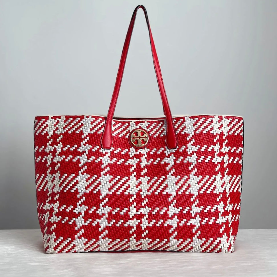 Tory Burch Woven Leather Front Logo Carryall Shoulder Bag Excellent