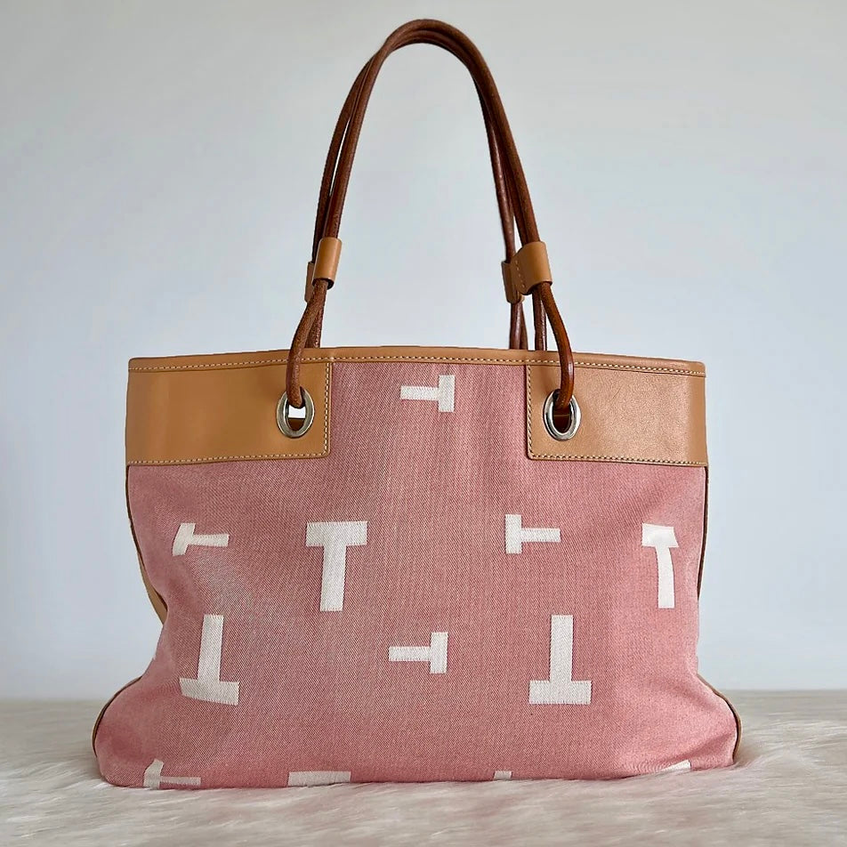 Tod's Beige Leather T Pattern Triple Compartment Shoulder Bag Excellent