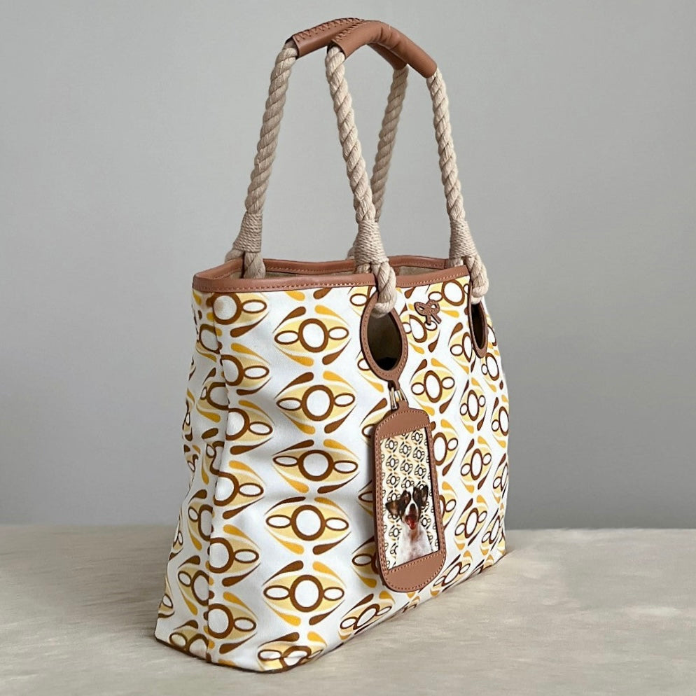 Anya Hindmarch Caramel Leather Patterned Canvas Shopper Shoulder Bag Excellent