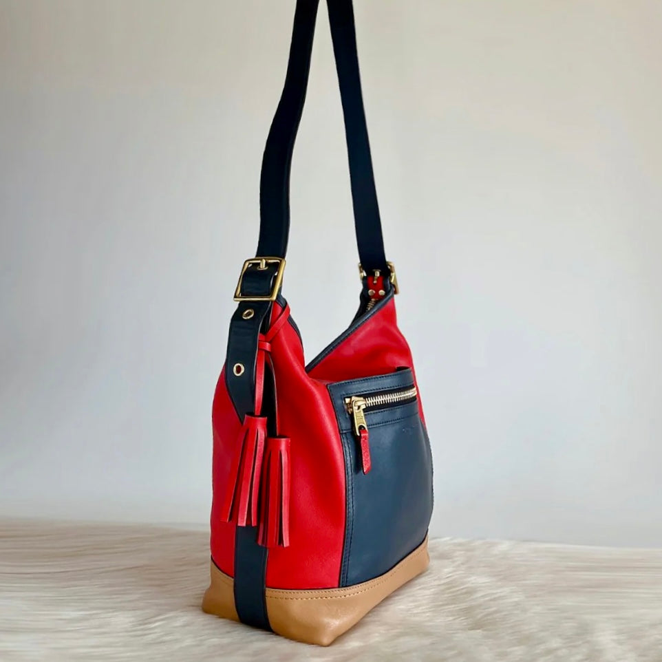 Coach Tri-Tone Leather Patchwork Tassel Charm Crossbody Shoulder Bag Like New