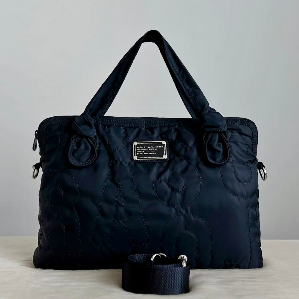 Marc Jacobs Black Front Logo Quilted 2 Way Laptop Shoulder Bag Excellent