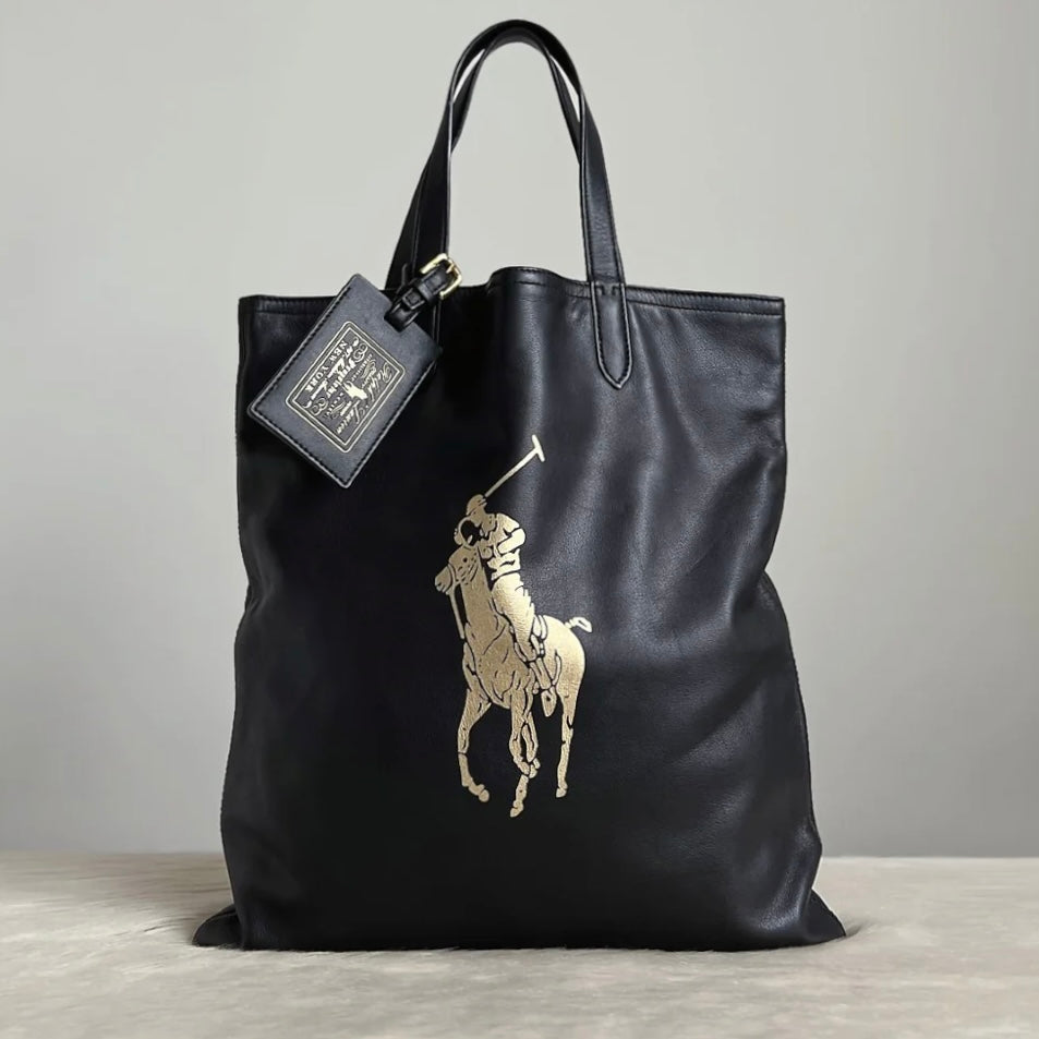 Ralph Lauren Black Leather Signature Logo Charm Detail Book Tote Bag Excellent