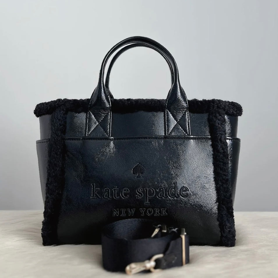 Kate Spade Black Patent Leather Woollen Edge Book Tote 2 Way Shoulder Bag Excellent