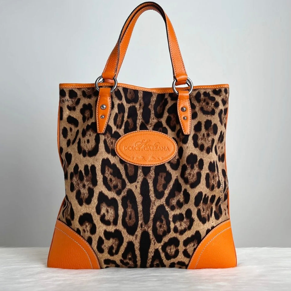 Dolce & Gabbana D&G Orange Leather Leopard Pattern Tote Bag Excellent
