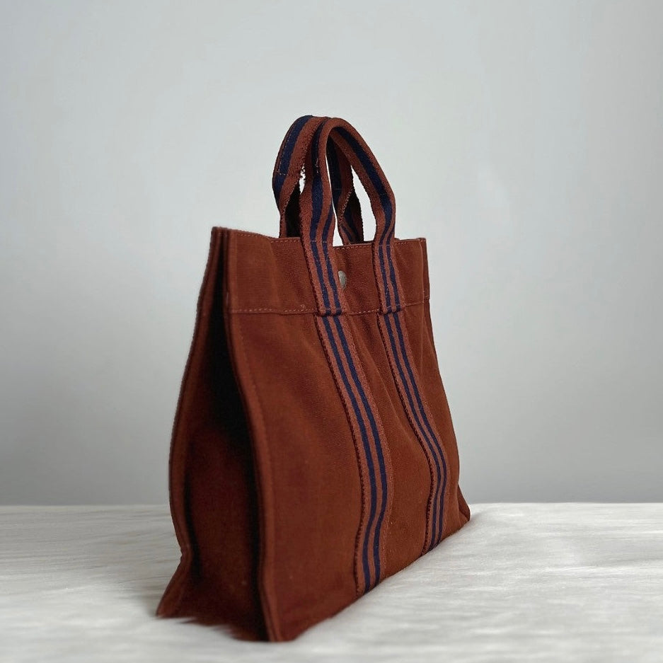 Hermes Brown Signature Stripe Detail Canvas Tote Bag Excellent