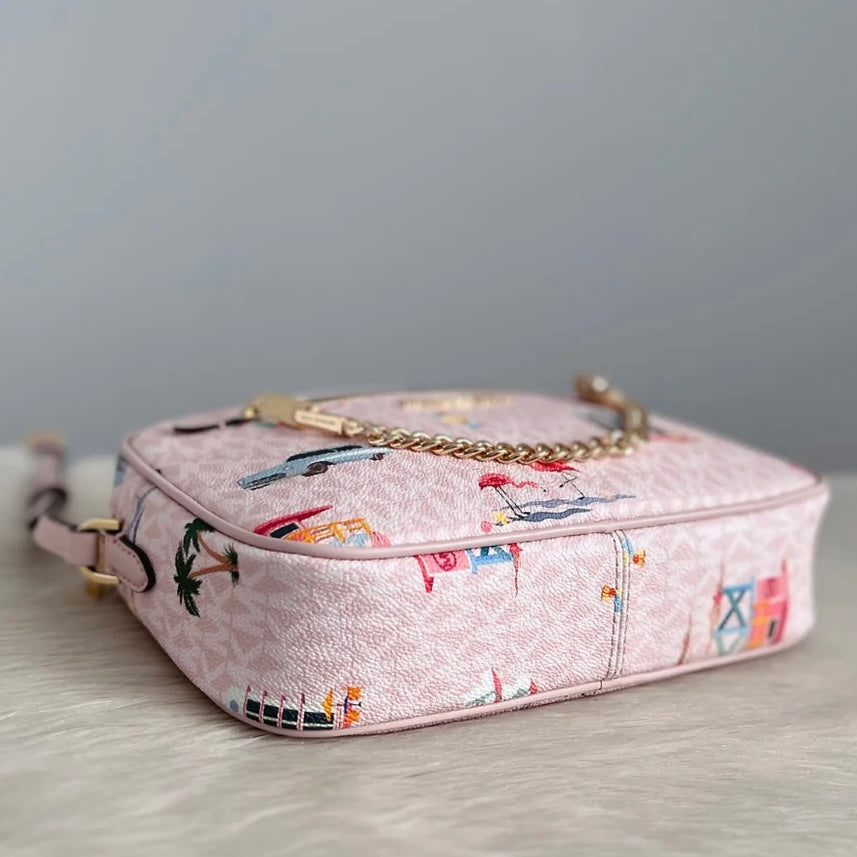 Michael Kors Pink Leather Monogram Chain Detail Crossbody Shoulder Bag Like New