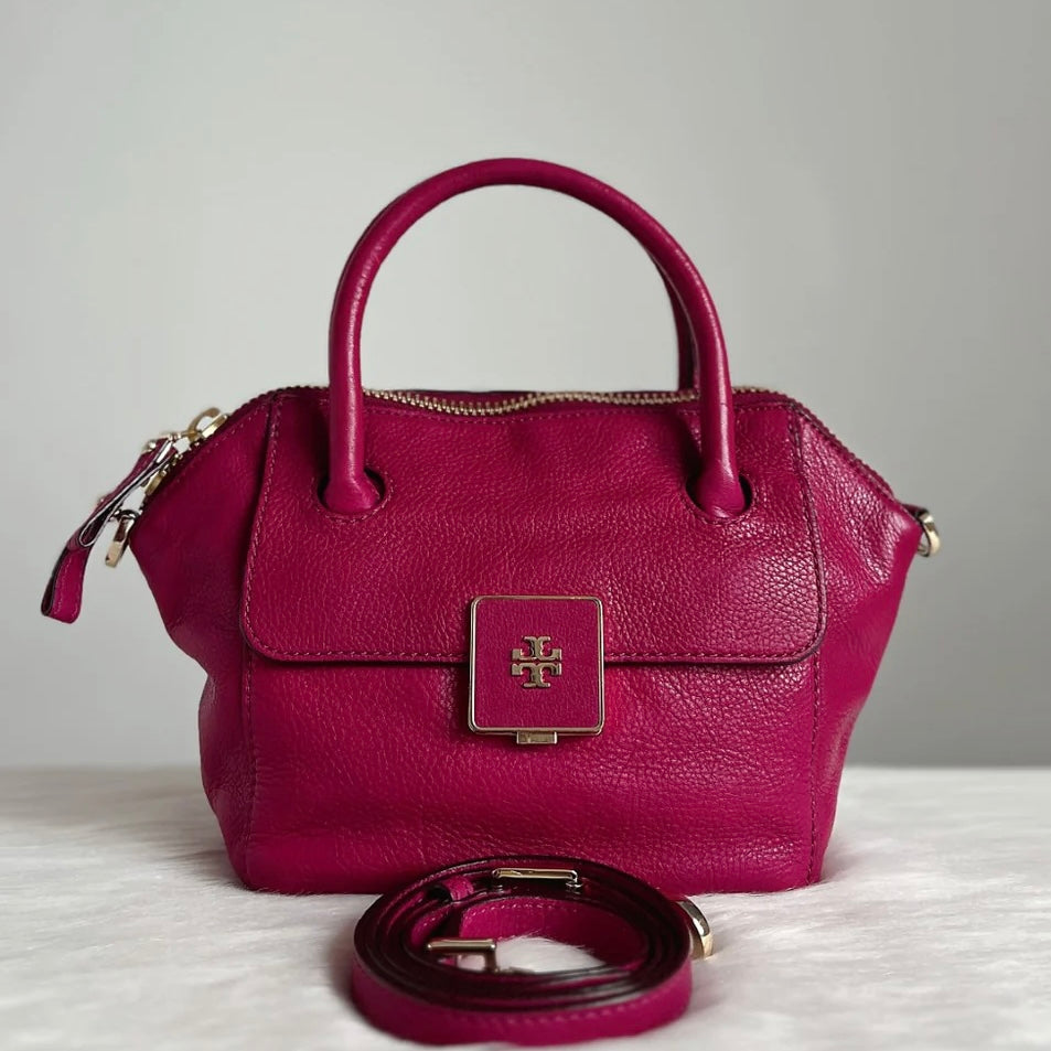 Tory Burch Fuchsia Leather Front Logo 2 Way Shoulder Bag Like New