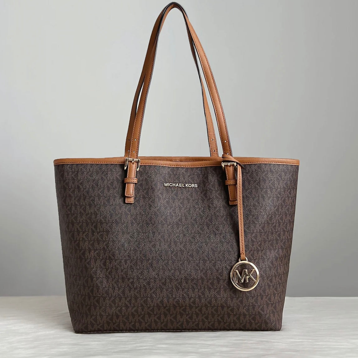 Michael Kors Caramel Leather Monogram MK Charm Shoulder Bag Excellent