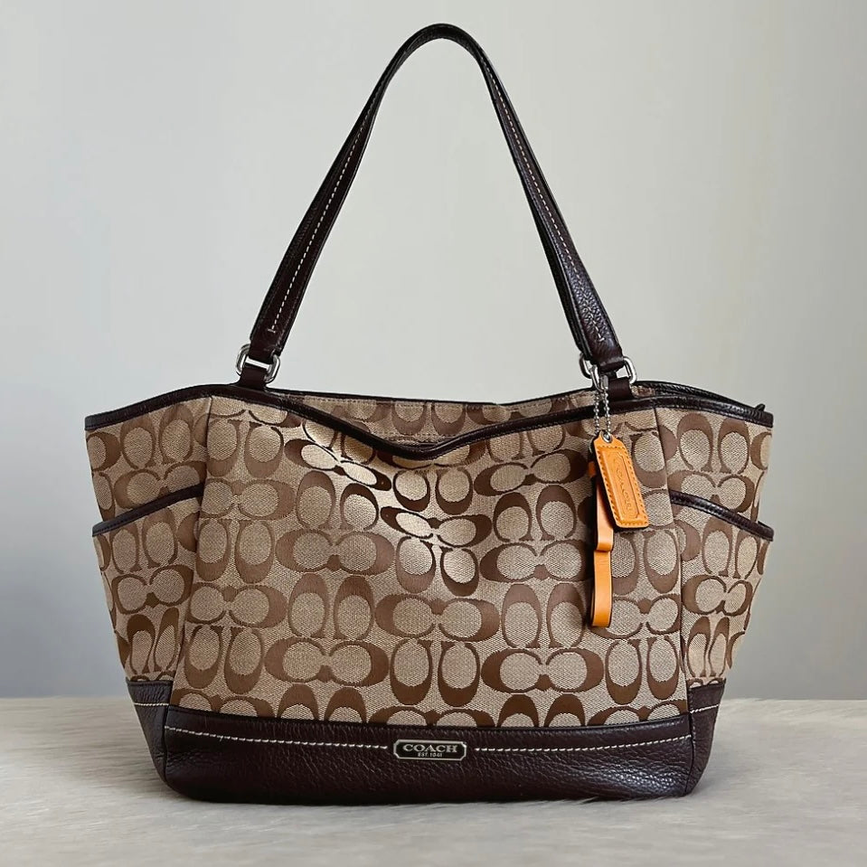 Coach Chocolate Leather Monogram Carryall Shoulder Bag Excellent