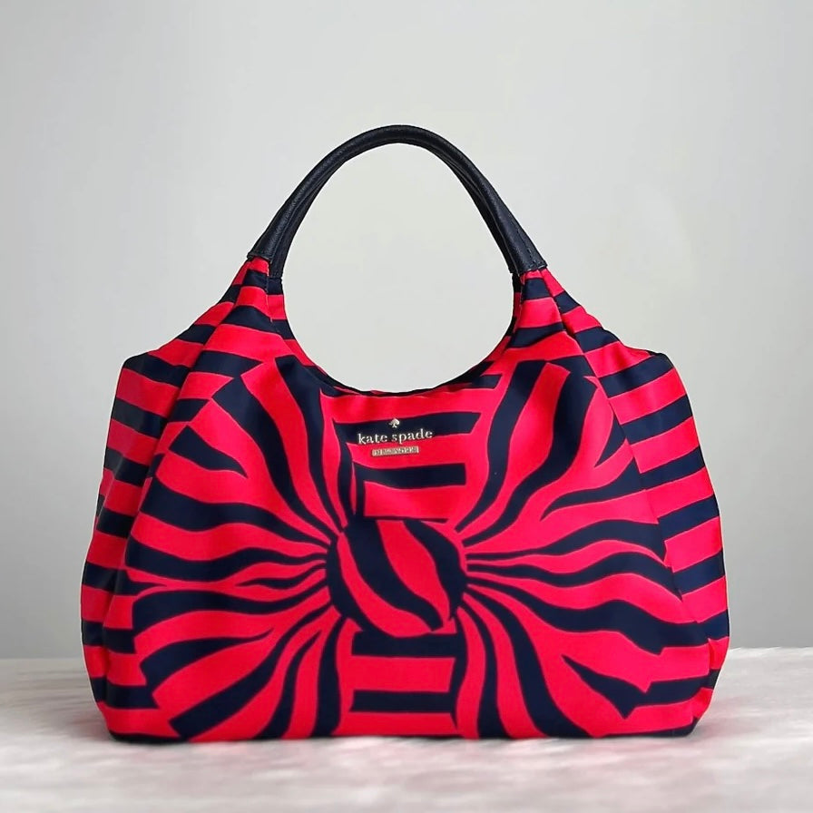 Kate Spade Navy Leather Front Bow Stripe Pattern Tote Bag Like New