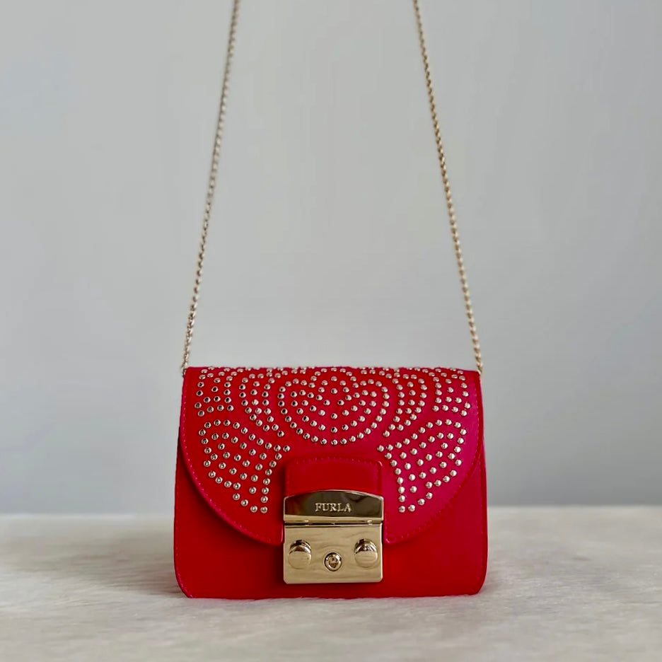 Furla Fuchsia Leather Studded Metropolis Small Crossbody Shoulder Bag Like New