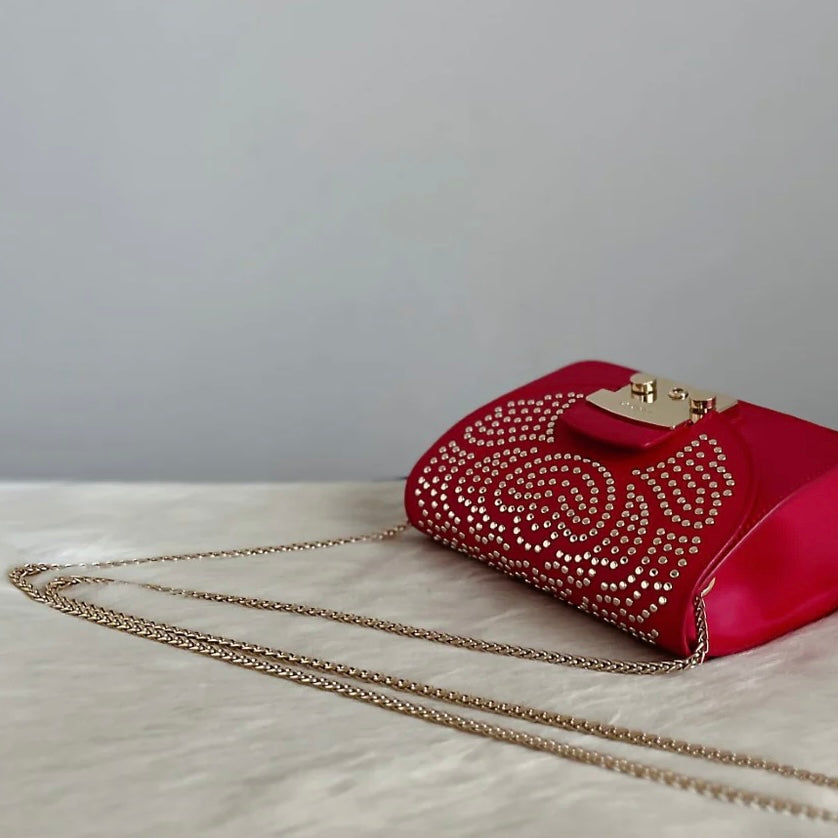 Furla Fuchsia Leather Studded Metropolis Small Crossbody Shoulder Bag Like New