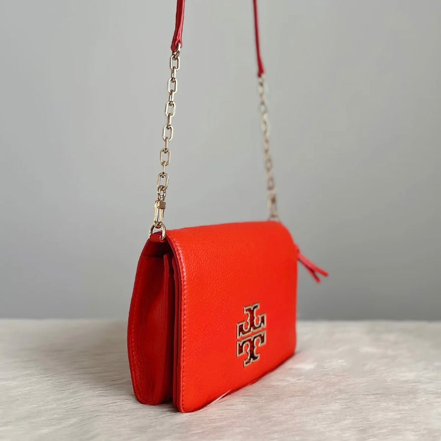 Tory Burch Orange Red Leather Front Logo Crossbody Shoulder Bag