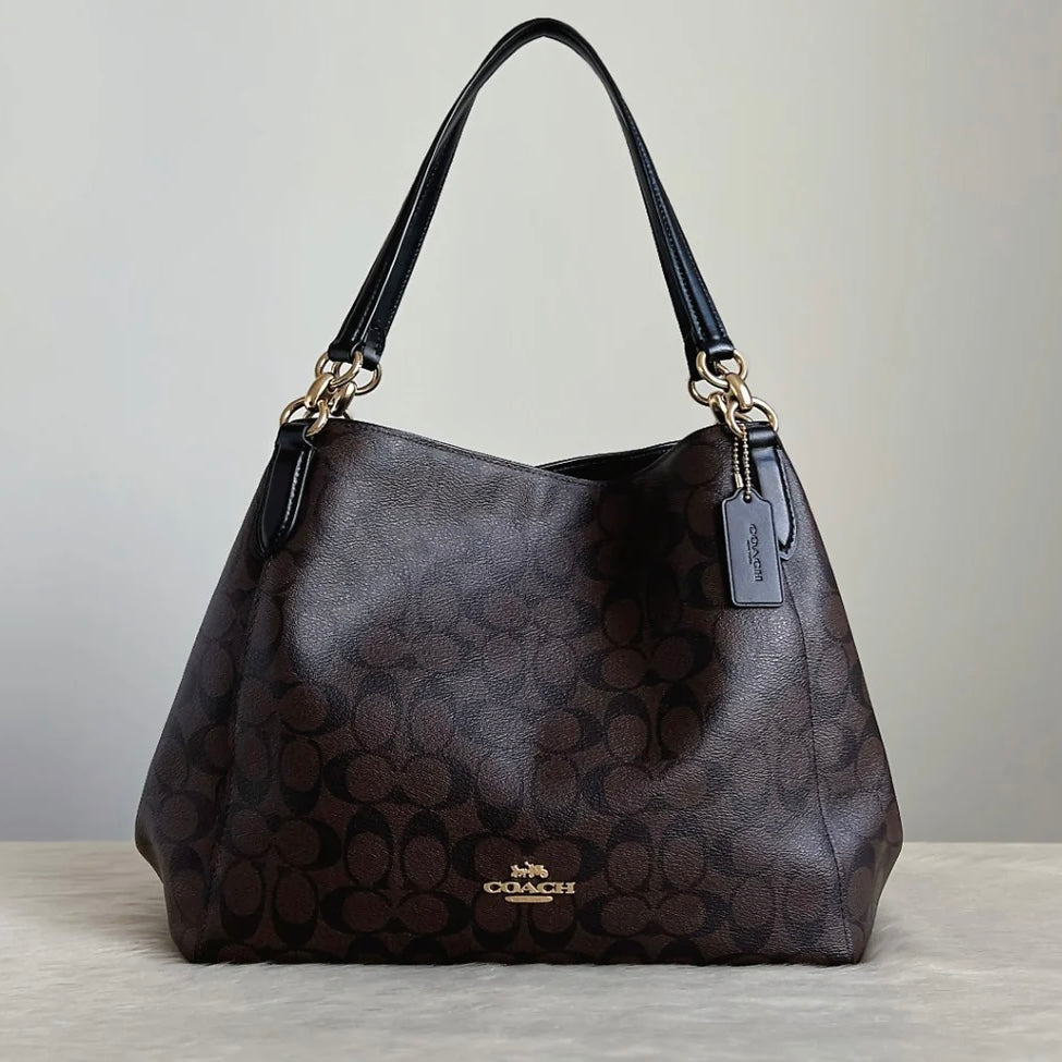 Coach Black Leather Monogram Triple Compartment Shoulder Bag Excellent