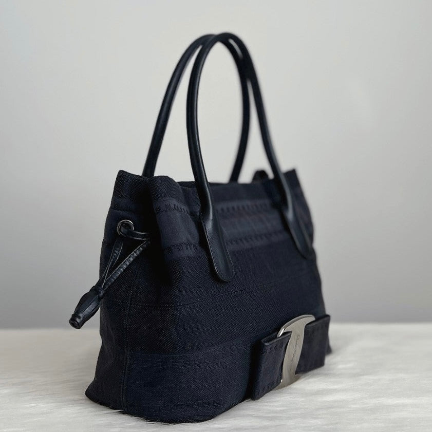 Salvatore Ferragamo Black Leather Denim Drawstring Detail Tote Bag Excellent