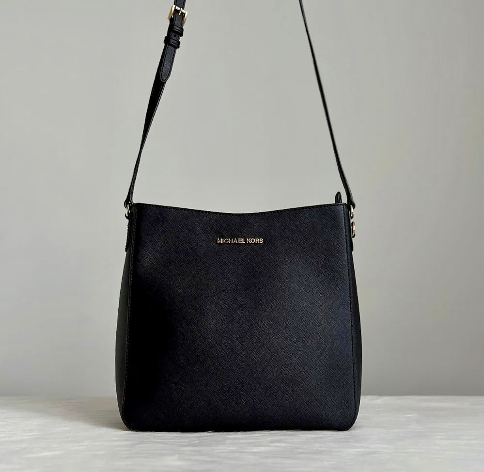 Michael Kors Black Leather Front Logo Bucket Crossbody Shoulder Bag Like New