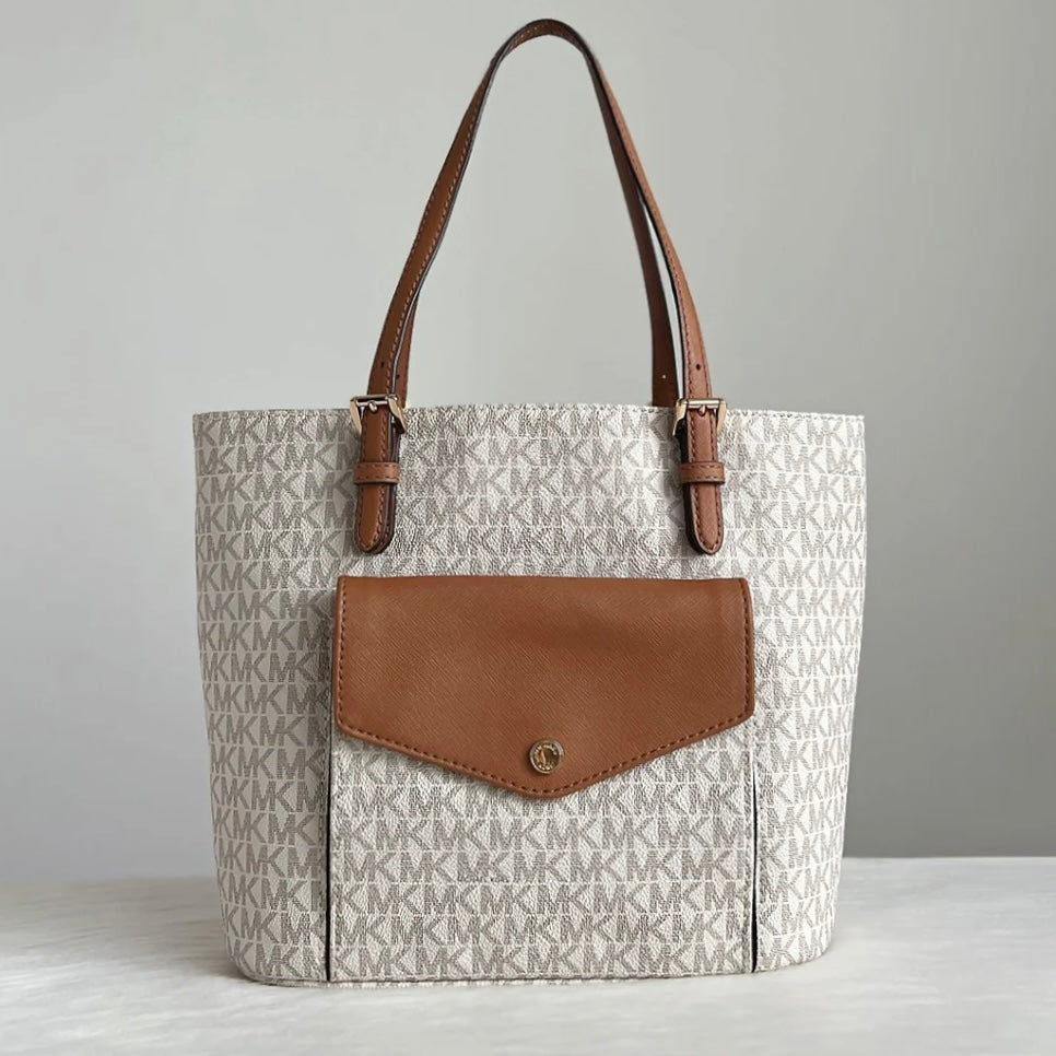 Michael Kors Caramel Leather Monogram Triple Compartment Shoulder Bag Like New