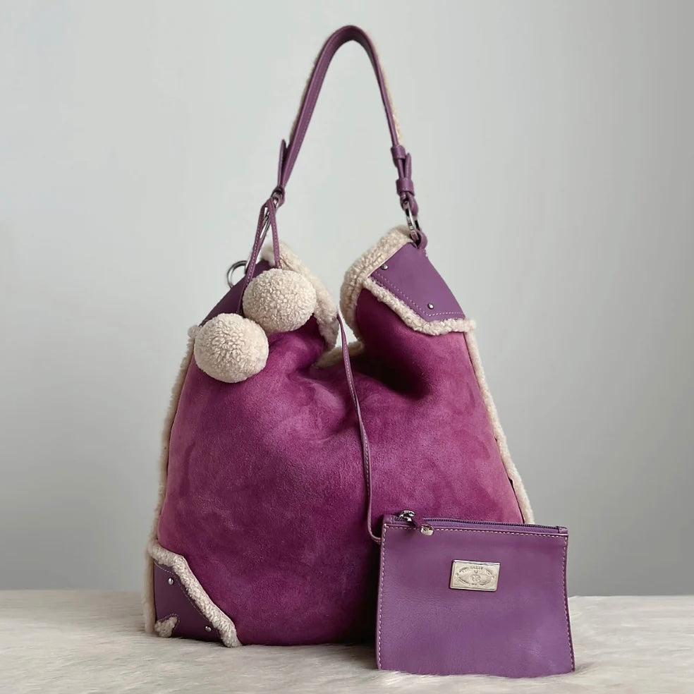 Bally Lavender Suede Pon Pon Detail Slouchy Shoulder Bag + Pouch