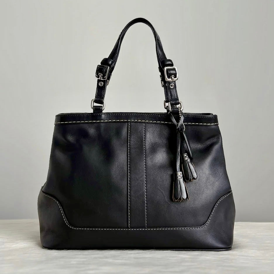 Coach Black Leather Tassel Charm Detail Tote Shoulder Bag Excellent