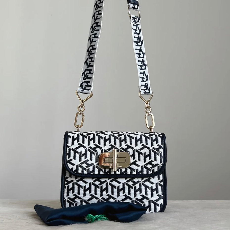 Tommy Hilfiger Black Leather Trim H Monogram Crossbody Shoulder Bag Like New