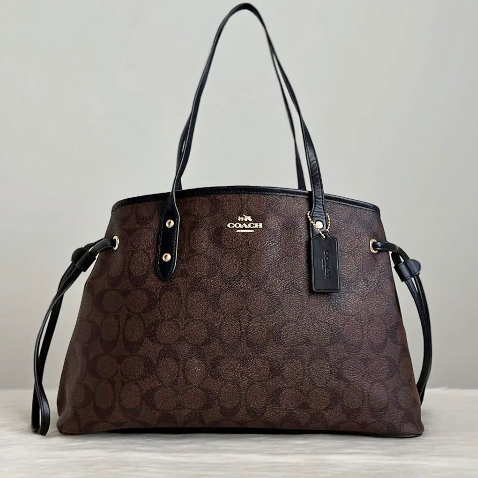 Coach Black Leather Monogram Drawstring Triple Compartment Shoulder Ba