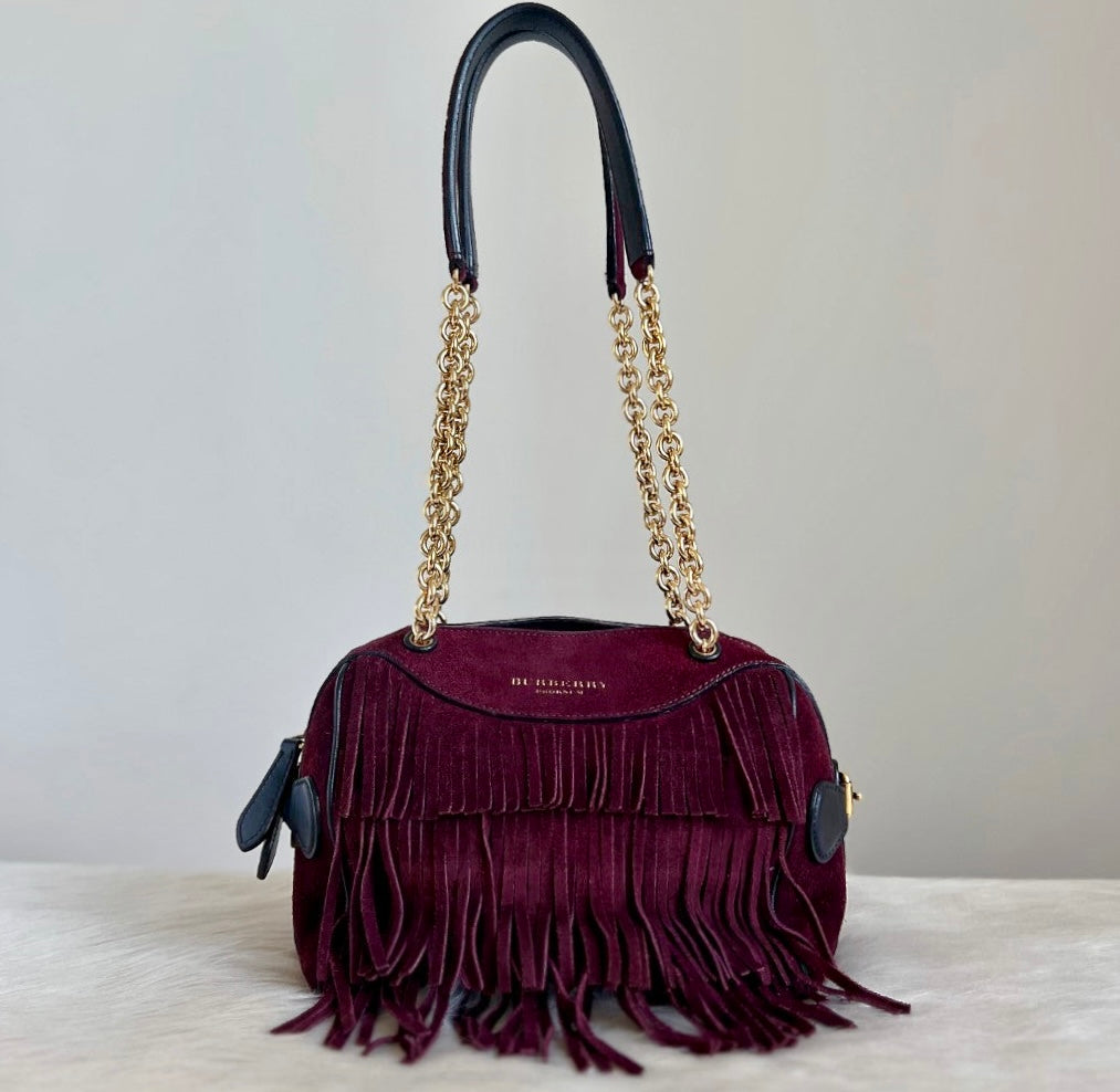 Burberry Bordeaux Suede Fringe Chain Detail Shoulder Bag